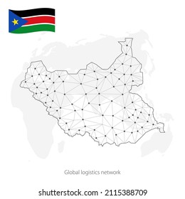 Global logistics network concept. Communications network map South Sudan on the world background. Map Republic of South Sudan  with nodes in polygonal style and flag.  EPS10.