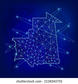 Global logistics network concept. Communications network map Mauritania on the world background. Map Republic of Mauritania with nodes in polygonal style. EPS10.