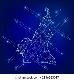 Global logistics network concept. Communications network map Cameroon on the world background. Map Republic of Cameroon with nodes in polygonal style. EPS10.