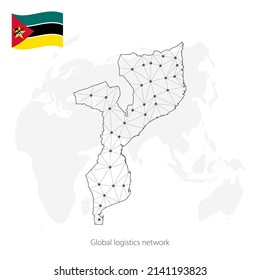 Global logistics network concept. Communications network map Mozambique on the world background. Map Republic of  Mozambique with nodes in polygonal style and flag.  EPS10.
