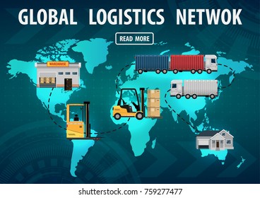 Global logistics network concept. Infographics delivery of goods from the warehouse to anywhere in the world. futuristic world map with technological elements vector illustration flat
