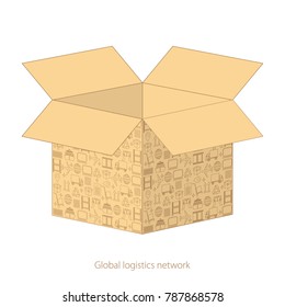 Global logistics network concept. Open cardboard box with a picture from logistic icons.  Set of thin line logistics icons. Vector illustration EPS10. 
