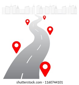 Global logistics network concept. The road to a megapolis with geolocation icons on white background. Logistic template  for your web site design, logo, app, UI.  Vector illustration EPS10.