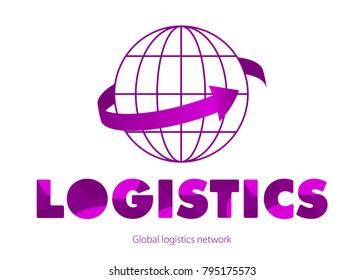 Global logistics network concept in violet. Colorful rounded Letters. The violet arrow goes around the globe. Flat design. Vector illustration EPS10. 