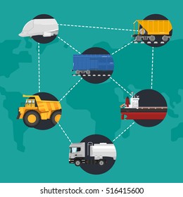 Global logistics network concept. Worldwide delivery of goods logistics and transportation. Air cargo trucking, rail transportation, maritime shipping vector illustration. Support international trade