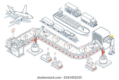 La red logística global coordina el transporte, la gestión de la cadena de suministro (SCM) y las operaciones en todas las empresas de todo el mundo para ofrecer servicios de logística eficientes. Ilustración vectorial EPS 10