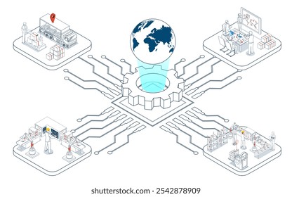 Global logistics network coordinates transportation, supply chain management (SCM), and operations across companies worldwide to deliver efficient logistics services. Vector illustration EPS 10