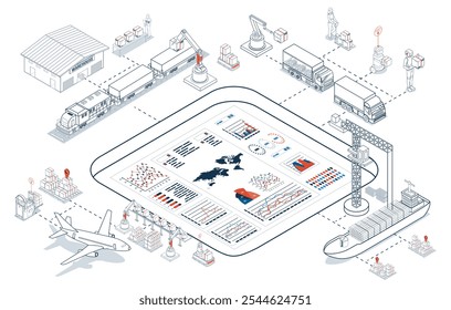 Global logistics network coordinates transportation, supply chain management (SCM), and operations across companies worldwide to deliver efficient logistics services. Vector illustration EPS 10