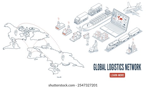 Global logistics network coordinates transportation, supply chain management (SCM), and operations across companies worldwide to deliver efficient logistics services. Vector illustration EPS 10