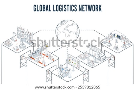 Global logistics network coordinates transportation, supply chain management (SCM), and operations across companies worldwide to deliver efficient logistics services. Vector illustration EPS 10