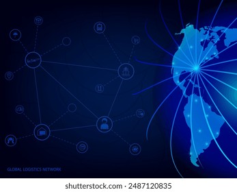 Global logistics network in dark blue. Map global logistics partnership connection.  Globe  with logistics icons in neon style. Global logistics concept for your design. EPS10.