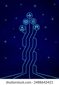 Global logistics network in dark blue. Map global logistics partnership connection.  Globe  with logistics icons in neon style.  EPS10.