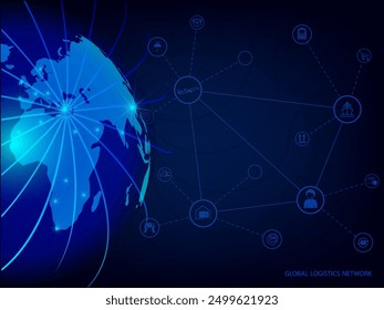 Global logistics network in dark blue. Map global logistics partnership connection.  Globe  with logistics icons in neon style. Global logistics concept for your design. EPS10.