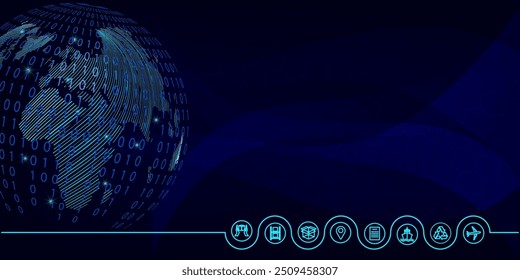 Globales Logistiknetz in dunkelblau. Globale Logistikpartnerschaft zuordnen.  Globus mit Logistiksymbolen im Neonstil. Globales Logistikkonzept für Ihr Design. EPS10.