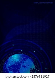 Global logistics network in dark blue. Map global logistics partnership connection.  Globe  with logistics icons in neon style. Global logistics concept for your design. EPS10.