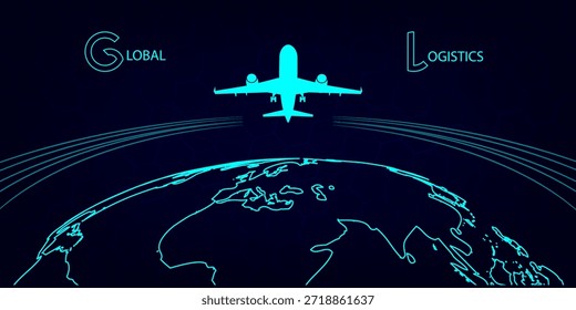 Red logística global en azul oscuro. Mapear la conexión de la asociación logística global.  Globo y avión en estilo neón. Concepto de logística global para su diseño. EPS10.