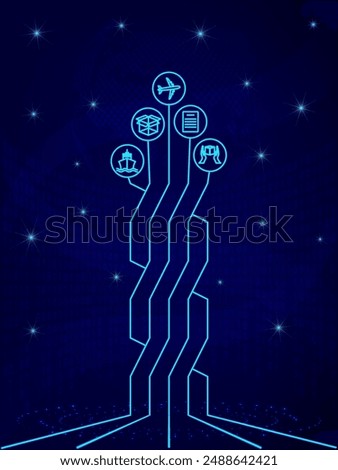 Global logistics network in dark blue. Map global logistics partnership connection.  Globe  with logistics icons in neon style.  EPS10.