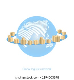 Global logistics network. Earth Globe Surrounded by Cardboard Boxes with Parcel Goods on a white background. Map global logistics partnership connection.  Flat design. Vector illustration EPS10. 