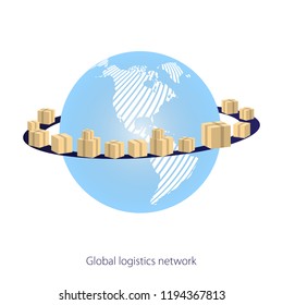 Global logistics network. Earth Globe Surrounded by Cardboard Boxes with Parcel Goods on a white background. Map global logistics partnership connection.  Vector illustration EPS10. 