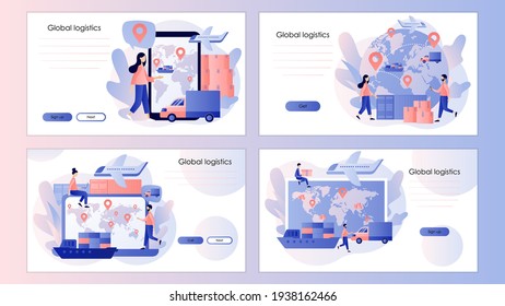 Global logistics network. Export, import, warehouse business, transportation. Screen template for mobile smart phone, landing page, template, ui, web, mobile app, poster, banner, flyer. Vector 