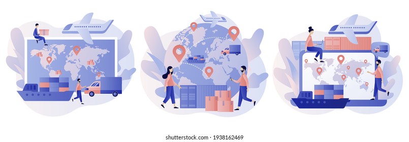 Global logistics network. Export, import, warehouse business, transportation. Business logistics. On-time delivery. Modern flat cartoon style. Vector illustration on white background
