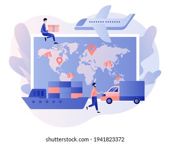 Global logistics network. Export, import, warehouse business, transportation. Business logistics. Vehicles to carry of cargo. On-time delivery. Modern flat cartoon style. Vector illustration 