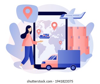 Global logistics network. Export, import, warehouse business, transportation. Business logistics. Tiny woman tracks orders in smartphone app. On-time delivery. Modern flat cartoon style. Vector 