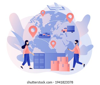 Global logistics network. Export, import, warehouse business, transportation. Business logistics. Air trucking, maritime shipping. On-time delivery. Modern flat cartoon style. Vector illustration 