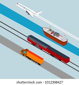 Global logistics network Flat 3d isometric vector illustration Set of air cargo trucking rail transportation maritime shipping .