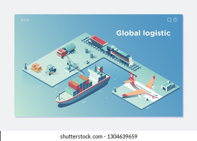 Global logistics network Flat 3d isometric vector illustration.Concept of air cargo trucking rail transportation maritime shipping On-time delivery Vehicles designed to carry large numbers