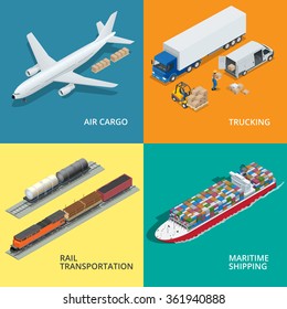 Global logistics network. Flat 3d isometric vector illustration Air cargo trucking rail transportation maritime shipping. On-time delivery. Vehicles designed to carry large numbers cargo