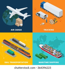 Global logistics network. Flat 3d isometric vector illustration Air cargo trucking, rail and air transportation, maritime shipping. On-time delivery. Vehicles designed to carry large numbers cargo