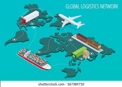 Global Logistics Network Flat 3d Isometric Vector Illustration Set Of Air Cargo Trucking Rail Transportation Maritime Shipping On-time Delivery Vehicles Designed To Carry Large Numbers Of China Cargo