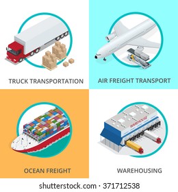 Global logistics network Flat 3d isometric vector illustration Icons set of air cargo trucking,  maritime shipping, warehouse. On-time delivery. Vehicles designed to carry large numbers of China cargo