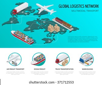 Global Logistics Network Flat 3d Isometric Vector Illustration Icons Set Of Air Cargo Trucking,  Maritime Shipping, Warehouse. On-time Delivery. Vehicles Designed To Carry Large Numbers Of China Cargo