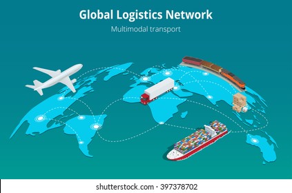 Global logistics network. Flat 3d isometric vector illustration Air cargo trucking rail transportation maritime shipping. On-time delivery. Vehicles designed to carry large numbers cargo