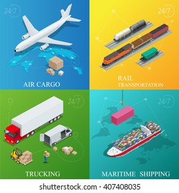 Global logistics network. Flat 3d isometric vector illustration. Set of air cargo trucking rail transportation maritime shipping. On-time delivery Vehicles designed to carry large numbers cargo