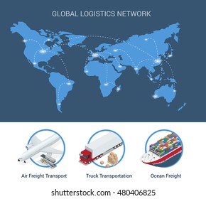 Global logistics network. Flat 3d isometric vector illustration Air cargo trucking, rail transportation, maritime shipping. On-time delivery. Vehicles designed to carry large numbers cargo