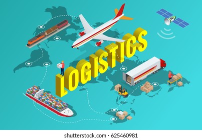 Red logística global Ilustración vectorial isométrica Plana 3d Conjunto de transporte aéreo de carga transporte ferroviario transporte marítimo Transporte a tiempo completo Vehículos diseñados para transportar grandes cantidades de carga china