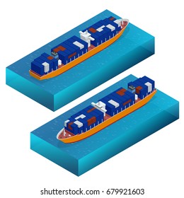 Global logistics network Flat 3d isometric vector illustration Icons set of container ship