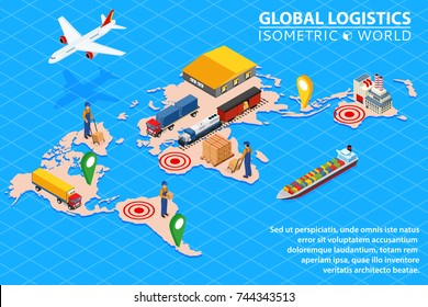 Global logistics network Flat 3d isometric vector illustration Set of air cargo trucking rail transportation maritime shipping On-time delivery Vehicles designed to carry large numbers of China cargo.