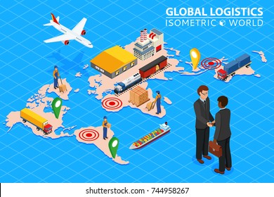 Global logistics network Flat 3d isometric vector illustration Set of air cargo trucking rail transportation maritime shipping. Business concept agreement and cooperation.