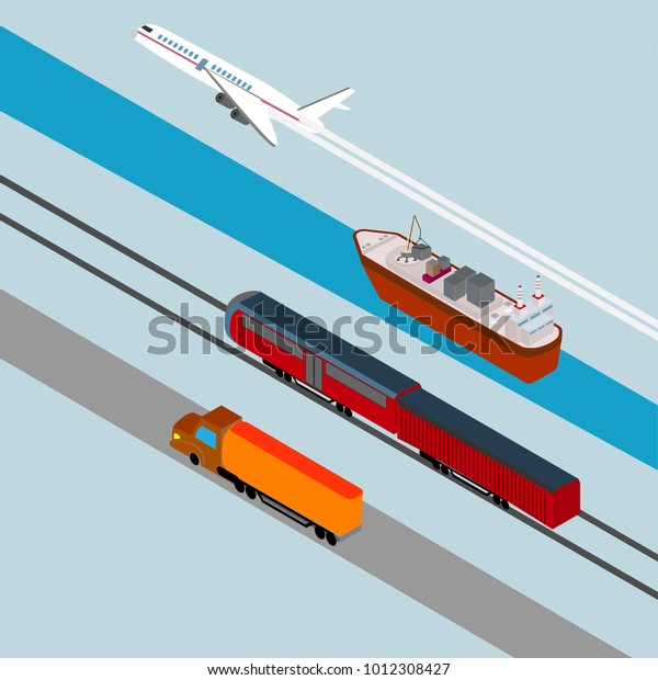 Global logistics network Flat 3d isometric vector\
illustration Set of air cargo trucking rail transportation maritime\
shipping .