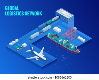 Ilustração vetorial isométrica plana de rede de logística global. Conceito de transporte de carga aérea transporte ferroviário transporte marítimo Entrega pontual Veículos projetados para transportar grandes números