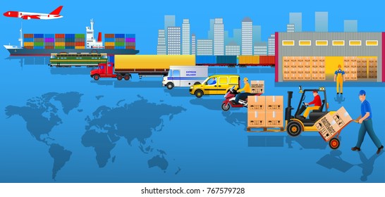Global logistics network. Flat vector illustration. Air cargo, rail transportation, maritime shipping, warehouse, delivery man, container ship, city skyline on World map