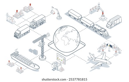 A rede de logística global é um sistema integrado onde as empresas colaboram para fornecer serviços de transporte, gerenciamento da cadeia de fornecimento e armazenamento em todo o mundo. Ilustração vetorial EPS 10