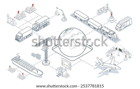 Global logistics network is an integrated system where companies collaborate to provide worldwide transportation, supply chain management, and warehousing services. Vector illustration EPS 10