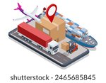 Global logistics network isometric air cargo trucking rail transportation maritime shipping On-time delivery Vehicles designed to carry large numbers of cargo