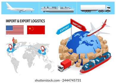 Global Logistics Network isometrisch, Lieferung und Versand Business Cargo Truck. Luftfracht-Lkw, Bahntransport, Seeschifffahrt, Fahrzeuge für die Beförderung großer Nummern