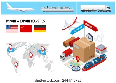 Camión de carga isométrico, de entrega y de envío de la Red Logística Global. Transporte aéreo de carga, transporte ferroviario, transporte marítimo, vehículos diseñados para transportar números Grandes